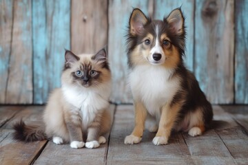 Poster - Cat and dog sitting together on a wooden floor.