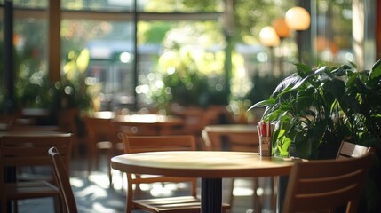 Aufkleber - Sunlit indoor cafe with tables, chairs, plants.
