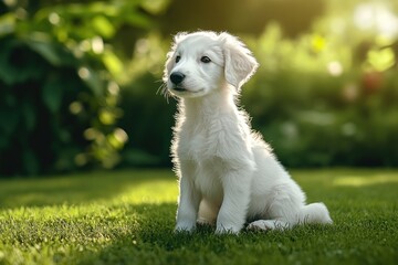 Wall Mural - White puppy sits outdoors in sun.