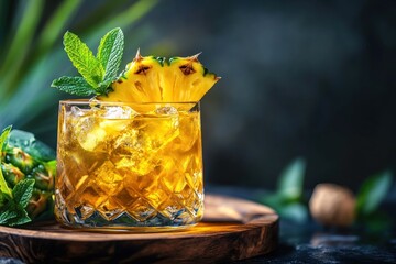 Poster - Pineapple cocktail with mint garnish on wood.
