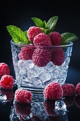 Poster - Raspberries and mint in a glass with ice on dark background.