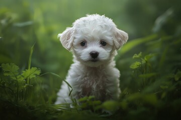 Aufkleber - Cute white puppy sits in green grass, looking at camera.