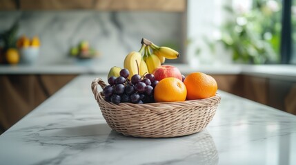 Poster - Woven basket of fruit on marble countertop.