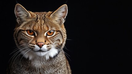 Poster - Bobcat portrait with focused orange eyes on black background.