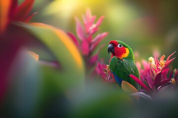 Poster - Colorful parrot amidst vibrant plants in sun.