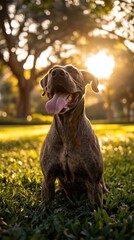 Aufkleber - Happy brindle dog sitting in grassy field at sunset.