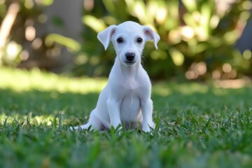 Poster - White puppy sits on green grass.