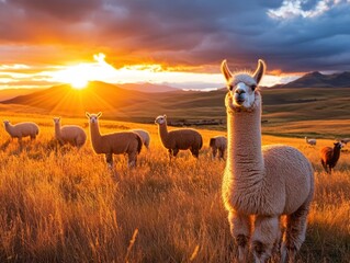Aufkleber - Llamas in grassy field at sunset.