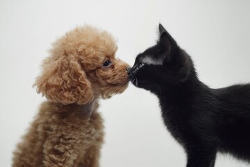 Poster - Poodle puppy and black kitten touching noses.
