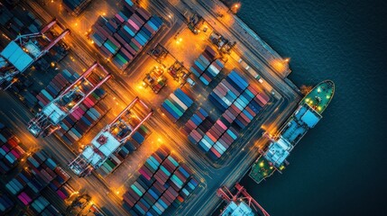 Poster - Aerial view of cargo containers at port, ships docked at night.