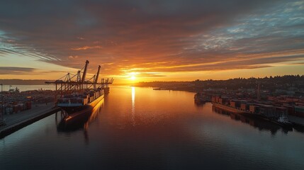 Poster - Container ships dock at port during golden sunrise.