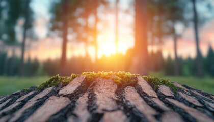 Poster - Close up of tree bark with moss, sunlight shining through forest. Nature beauty and tranquility captured in this serene landscape