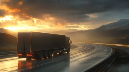 Aufkleber - Black truck on wet road at sunset.