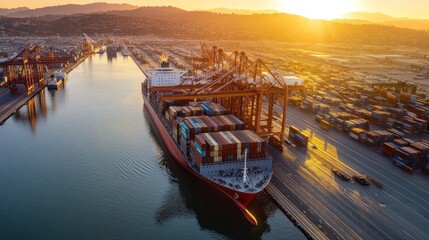 Poster - Ship loading containers at port during golden sunset.