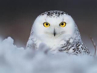 Poster - White owl with yellow eyes peeking from snow.