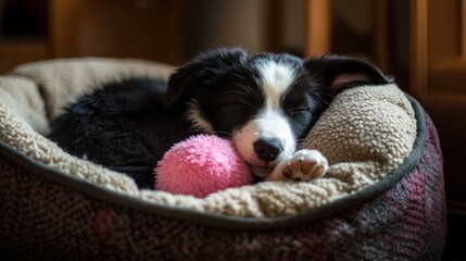 Poster - Puppy sleeping in bed with pink toy.