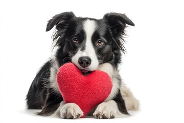 Poster - Border collie holding a red heart toy, isolated on white.