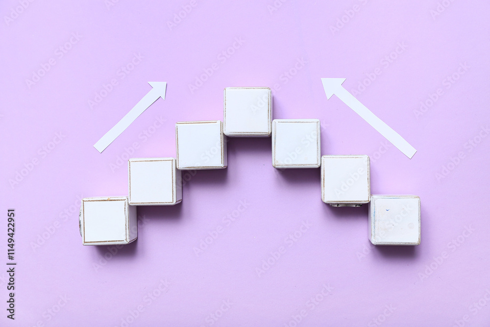 Ladder made of cubes and arrows on lilac background