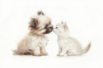 Poster - Puppy and kitten nuzzling on light background.