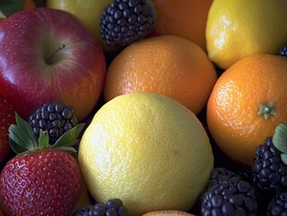 Poster - Close-up of mixed fresh fruits, apple, orange, lemon, blackberries, strawberry.