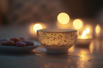 Poster - Dates, teacup, candles on table.