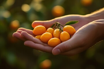 Wall Mural - Hands holding kumquats in sunlight.