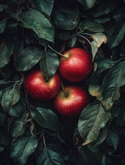 Poster - Three ripe red apples hang among dark green leaves.