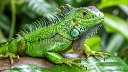 Aufkleber - Green iguana on branch, lush foliage.