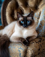Poster - elegant siamese cat sits regally on ornate gold chair.