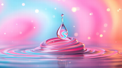 Poster - vibrant water droplet creates ripples in colorful liquid, showcasing mesmerizing patterns and reflections. scene evokes sense of tranquility and beauty