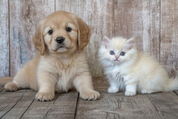 Wall Mural - Golden retriever pup and white kitten sitting together.