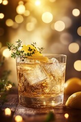 Poster - Golden cocktail with ice, lemon, thyme, bright bokeh on wood table.
