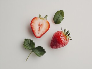 Poster - Two strawberries and two leaves, white background.