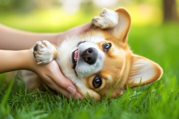 Poster - Smiling corgi puppy being held on green grass.