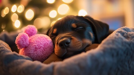Poster - Small pup sleeps soundly with toy, blurred lights behind.