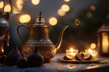 Poster - Ornate teapot, figs, and candles at dusk.
