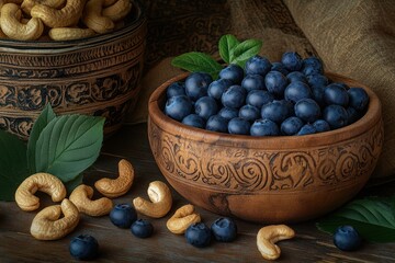 Poster - Blueberries and cashews in wooden bowls on rustic surface.