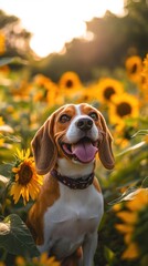 Aufkleber - Happy beagle dog smiling in sunflowers field.