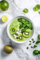 Poster - Green smoothie bowl with kiwi and mint on marble surface.