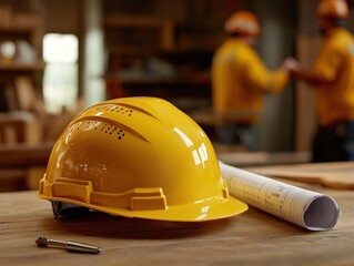 Aufkleber - Yellow hardhat, plans, tool on table; workers blurred in background.