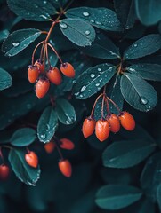 Aufkleber - Dark leaves with orange berries and raindrops.