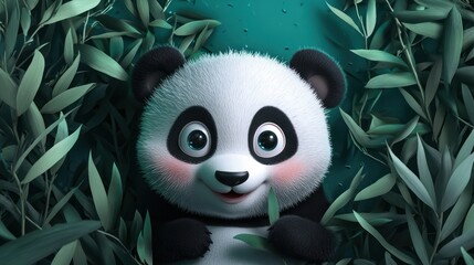 Aufkleber - Cute panda cub peeks from green leaves.