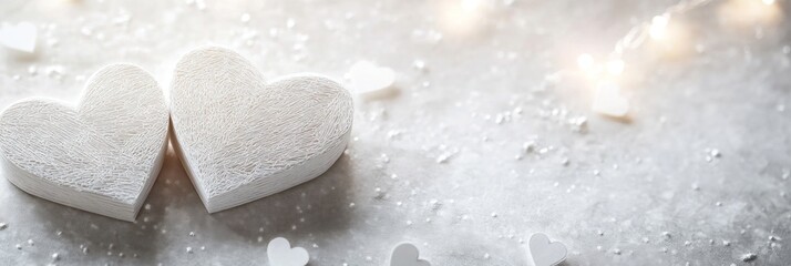 Poster - Two white heart shapes on surface with blurred lights.