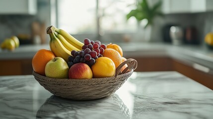 Poster - Fruit basket with bananas, grapes, apples, oranges on marble countertop.
