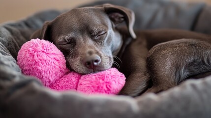 Poster - A gray dog peacefully sleeps in a gray dog bed, cuddling a pink plush toy.
