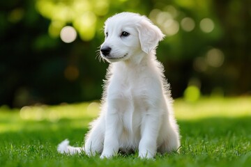 Poster - White puppy sitting on grass with green bokeh background.