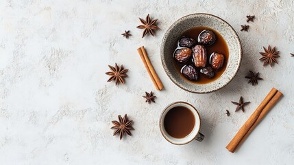 Aufkleber - Dates, coffee, spices on textured background.