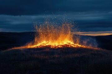 Poster - Fire erupts from grassy hill at dusk.