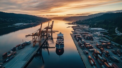 Poster - Container ship docked, cranes loading cargo at dusk.