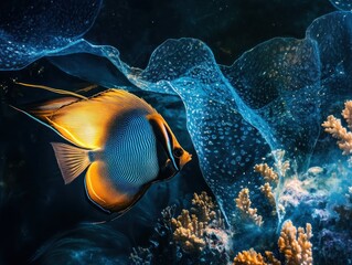 Poster - A vibrant orange and blue fish swims near coral and plastic debris in the ocean.